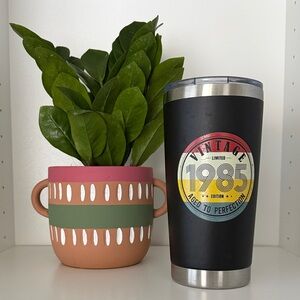 New In Box - Vintage 1985 Black Metal Tumbler w/ Travel Lid - Retro Flashback